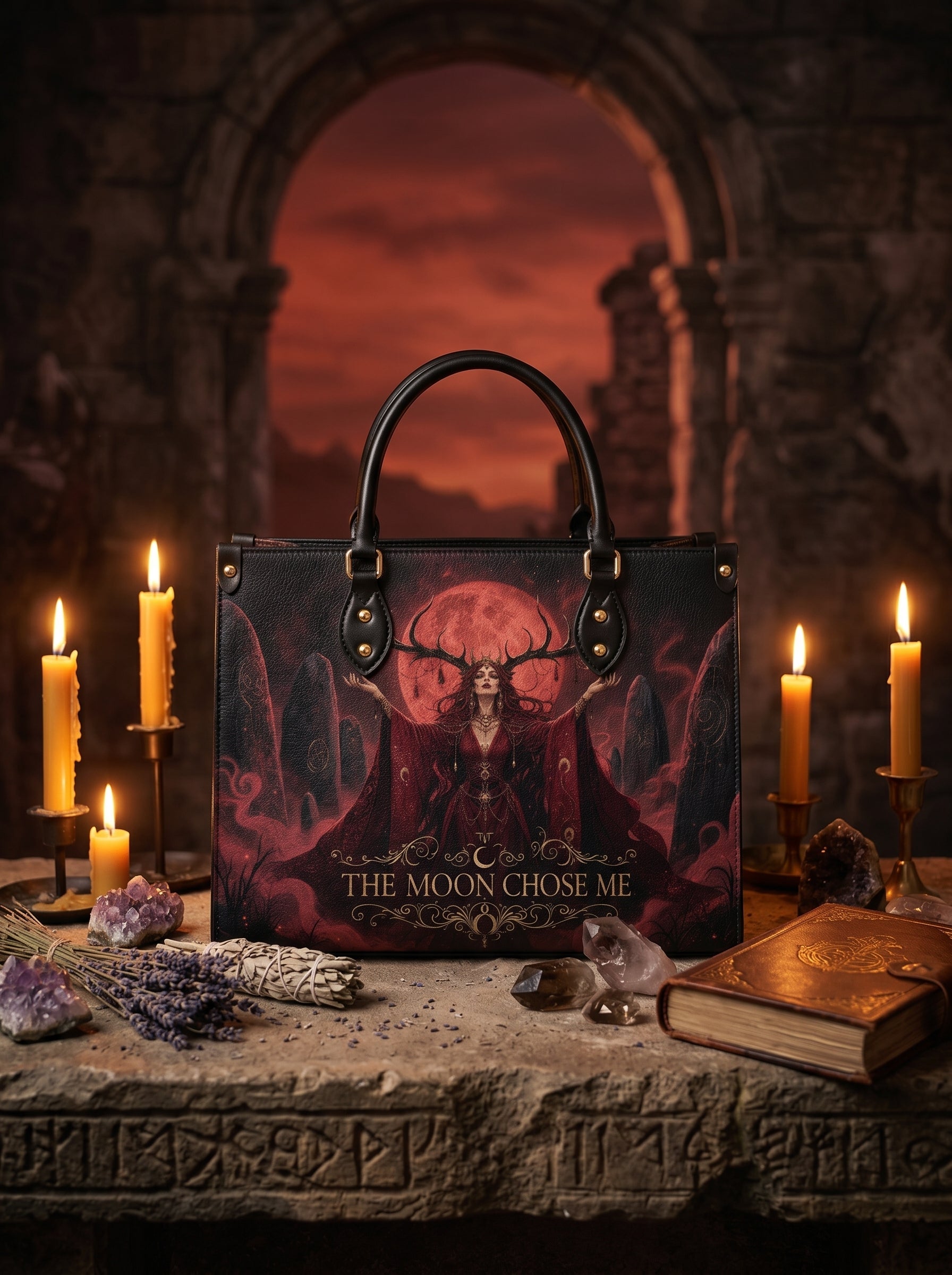 “The Moon Chose Me” Antlered Witch Leather Handbag