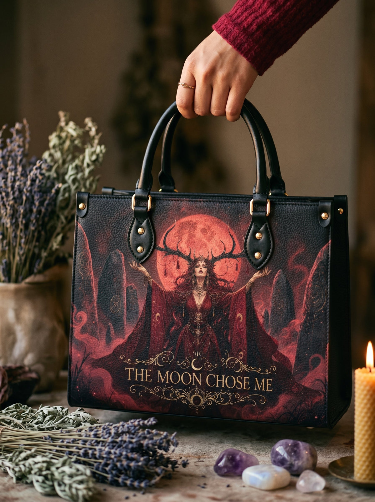 “The Moon Chose Me” Antlered Witch Leather Handbag
