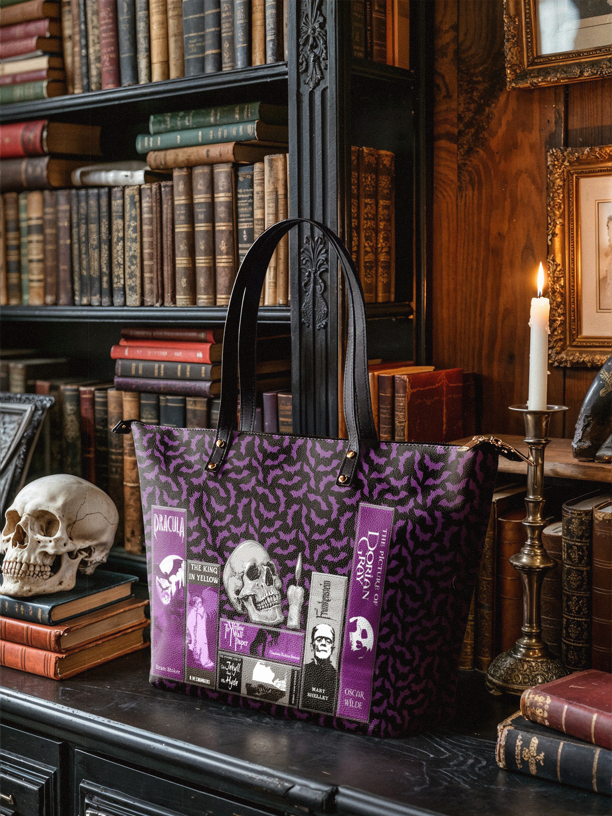 "The Codex of Gothic Tales" Violet Echo Leather Tote Bag