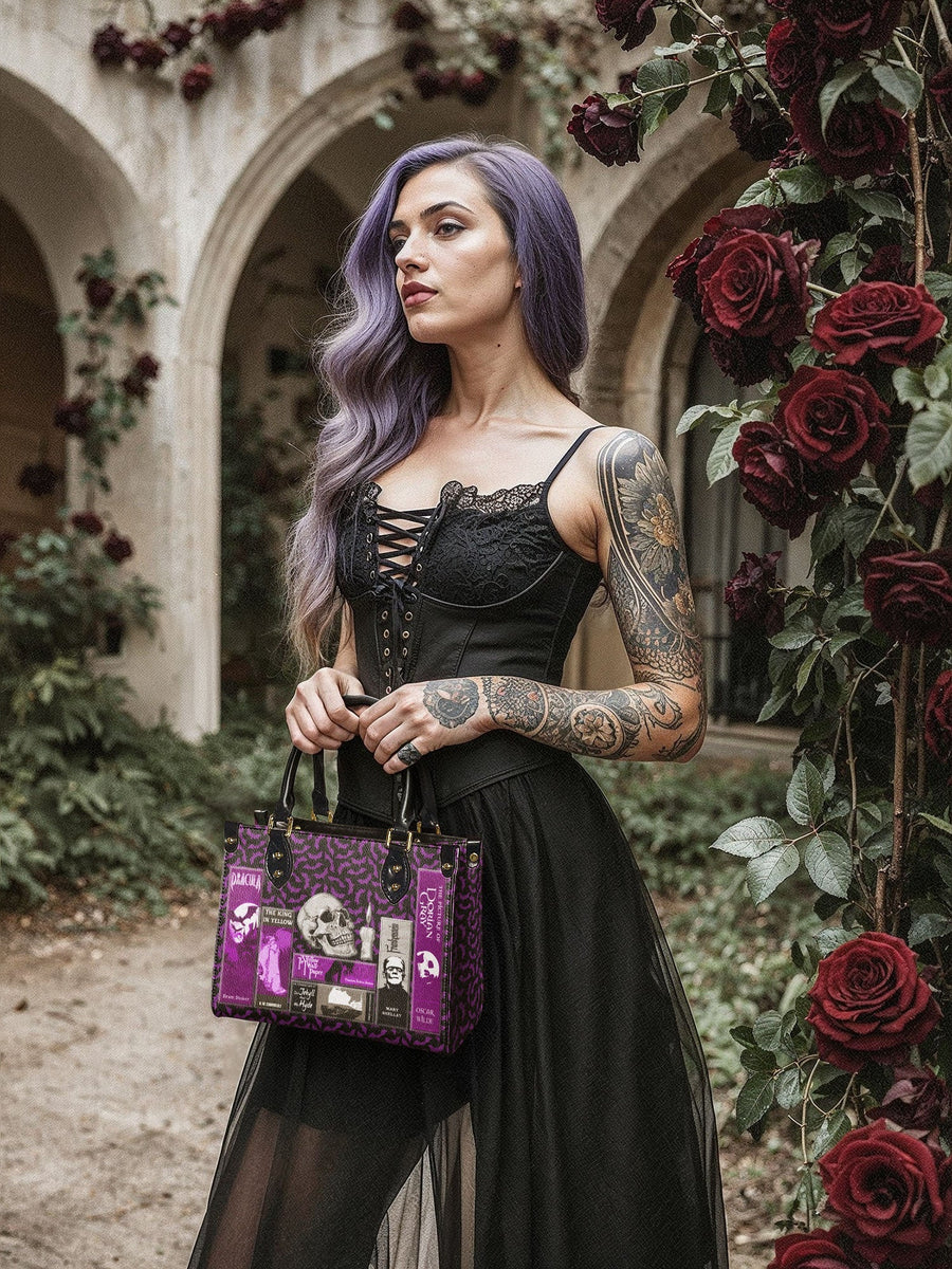 "The Codex of Gothic Tales" Violet Echo Small Leather Handbag