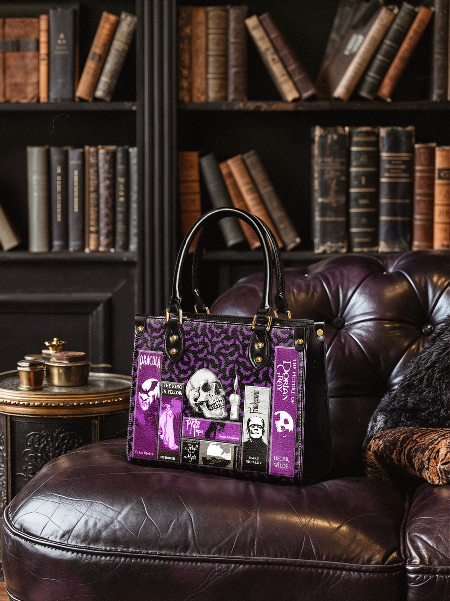 "The Codex of Gothic Tales" Violet Echo Small Leather Handbag