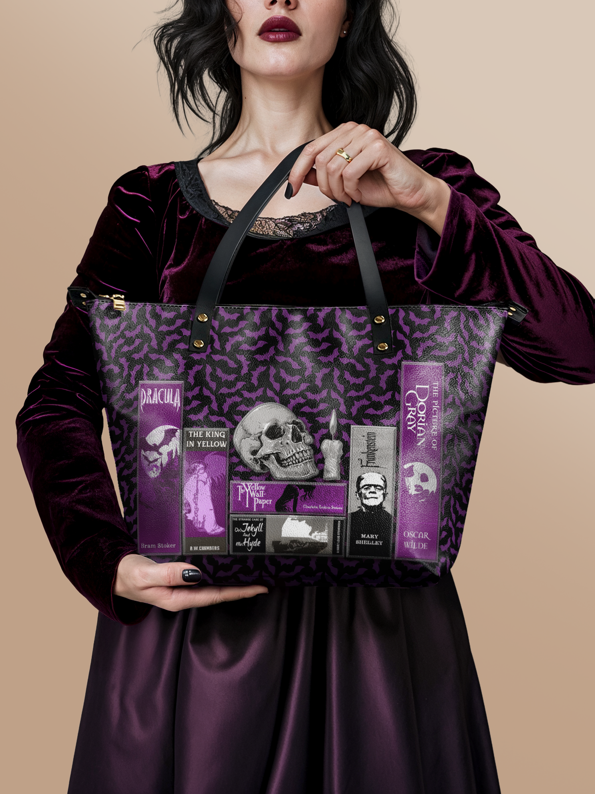 "The Codex of Gothic Tales" Violet Echo Leather Tote Bag