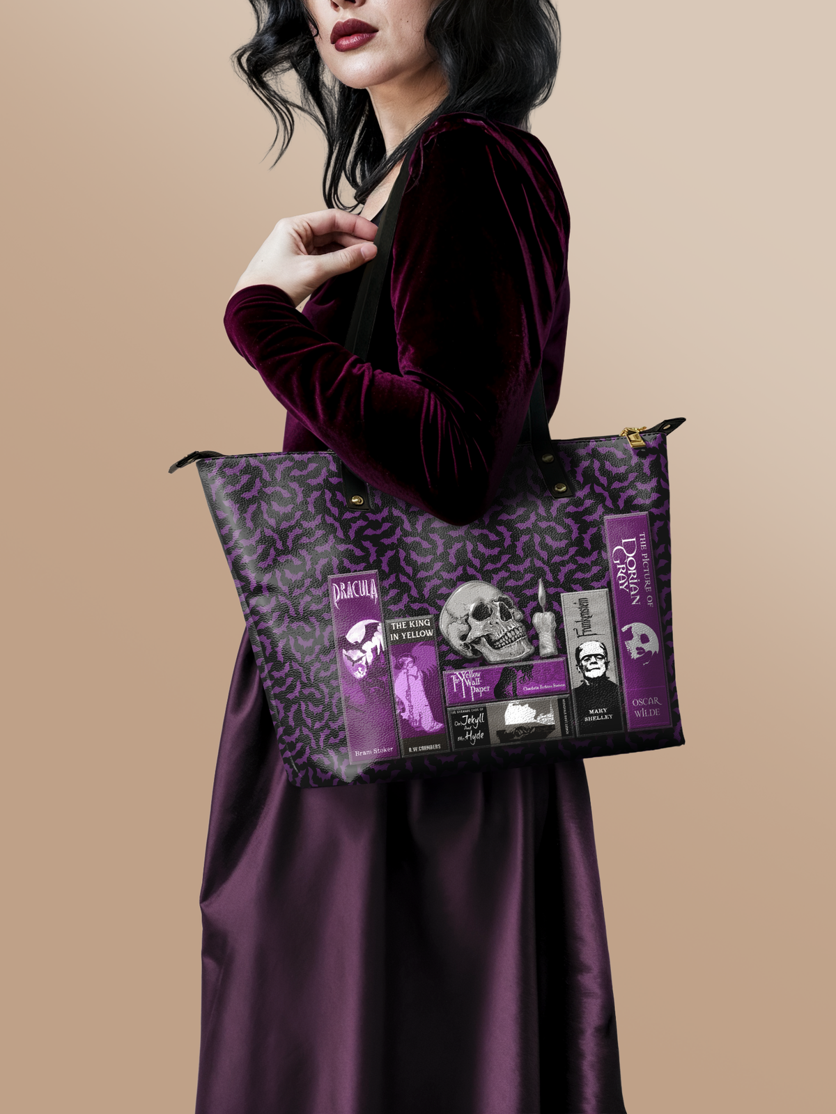 "The Codex of Gothic Tales" Violet Echo Leather Tote Bag