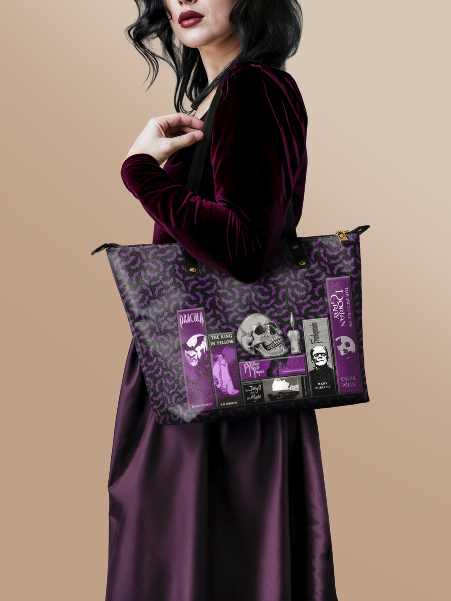 "The Codex of Gothic Tales" Violet Echo Leather Tote Bag