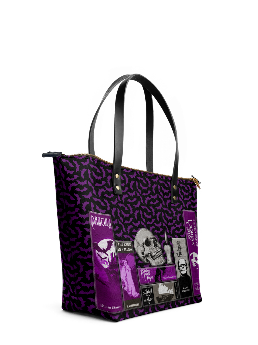 "The Codex of Gothic Tales" Violet Echo Leather Tote Bag