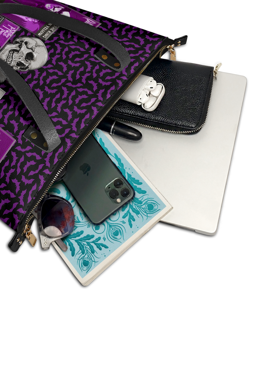 "The Codex of Gothic Tales" Violet Echo Leather Tote Bag
