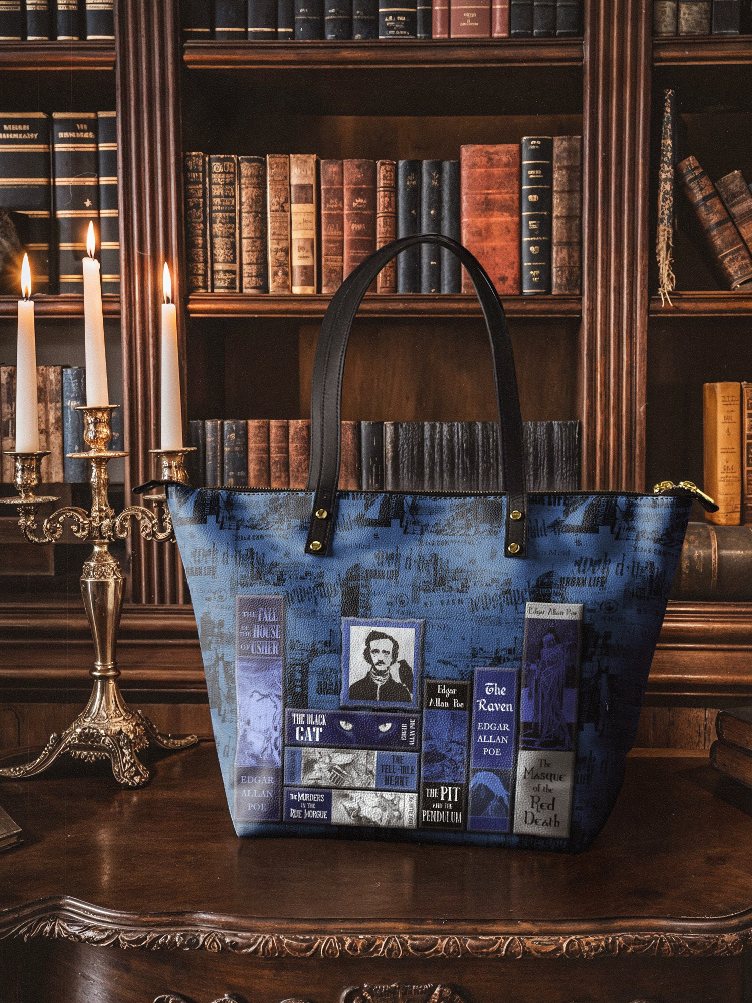 "Poe's Library" Midnight Ink Leather Tote Bag
