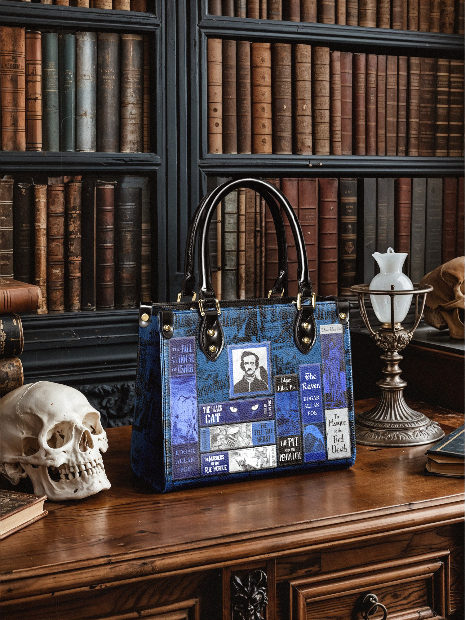 "Poe's Library" Midnight Ink Small Leather Handbag