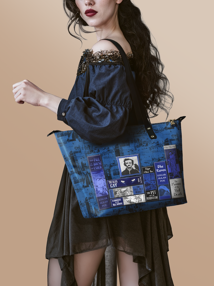 "Poe's Library" Midnight Ink Leather Tote Bag