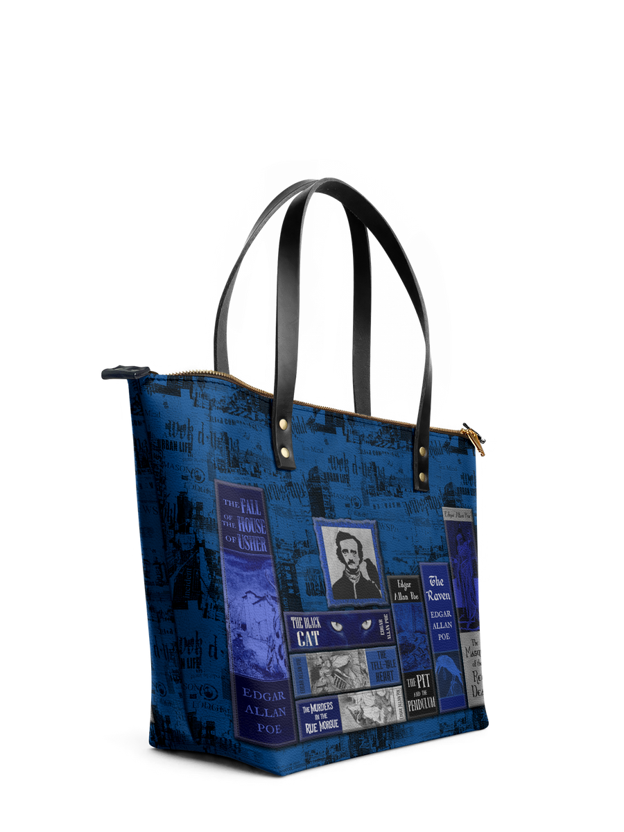 "Poe's Library" Midnight Ink Leather Tote Bag