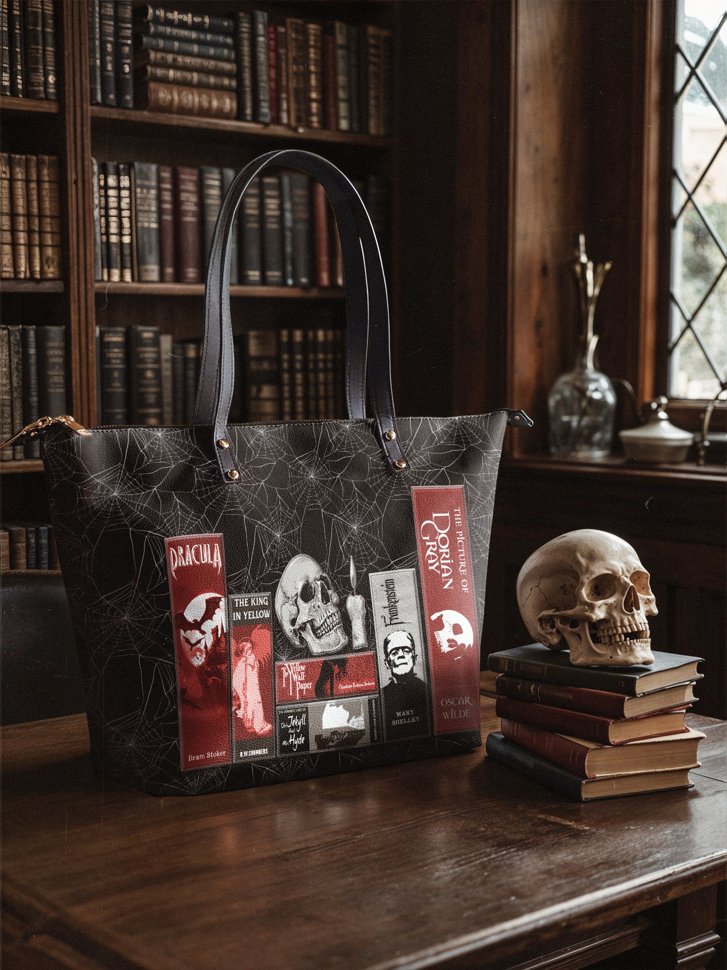 "The Codex of Gothic Tales" Black Widow’s Kiss Leather Tote Bag