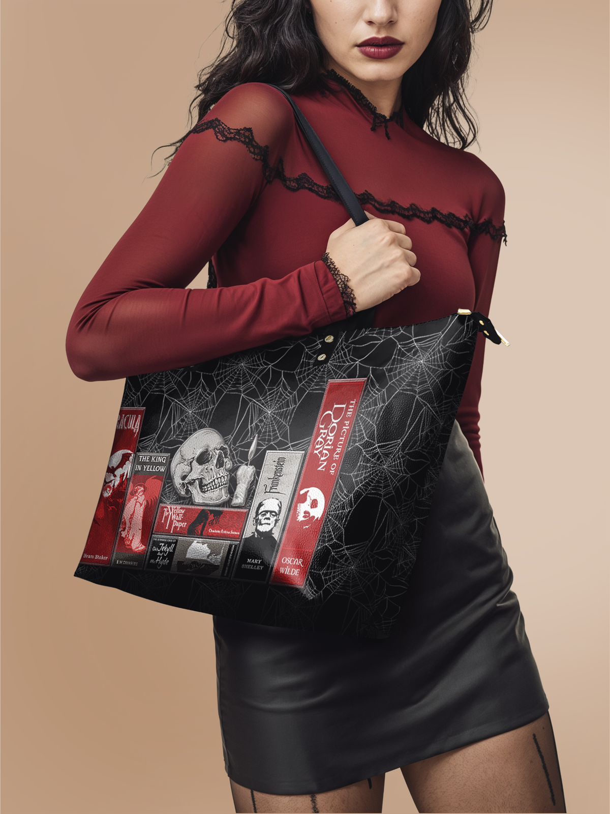 "The Codex of Gothic Tales" Black Widow’s Kiss Leather Tote Bag