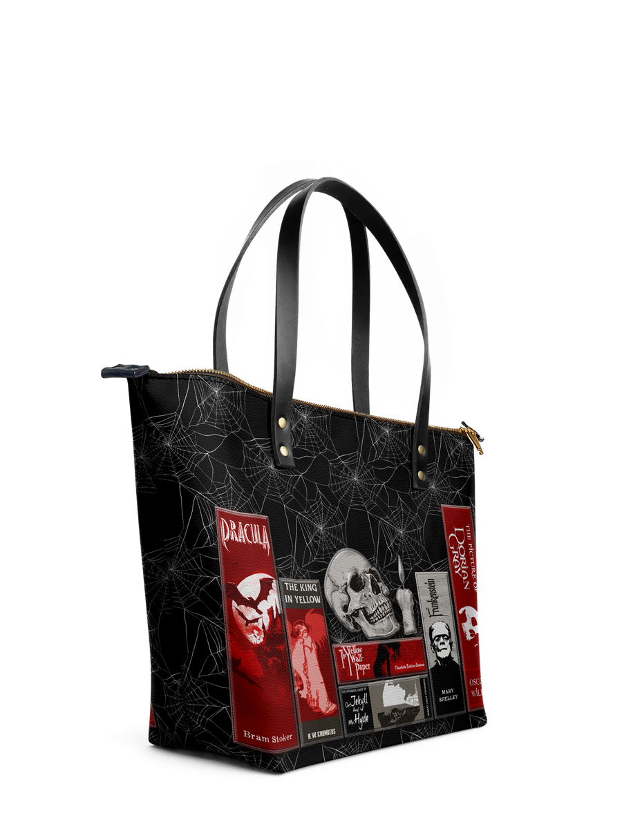 "The Codex of Gothic Tales" Black Widow’s Kiss Leather Tote Bag