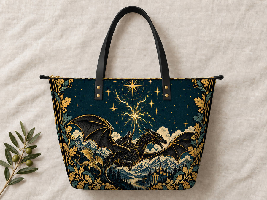 "Stormwing" Black Dragon Leather Tote Bag