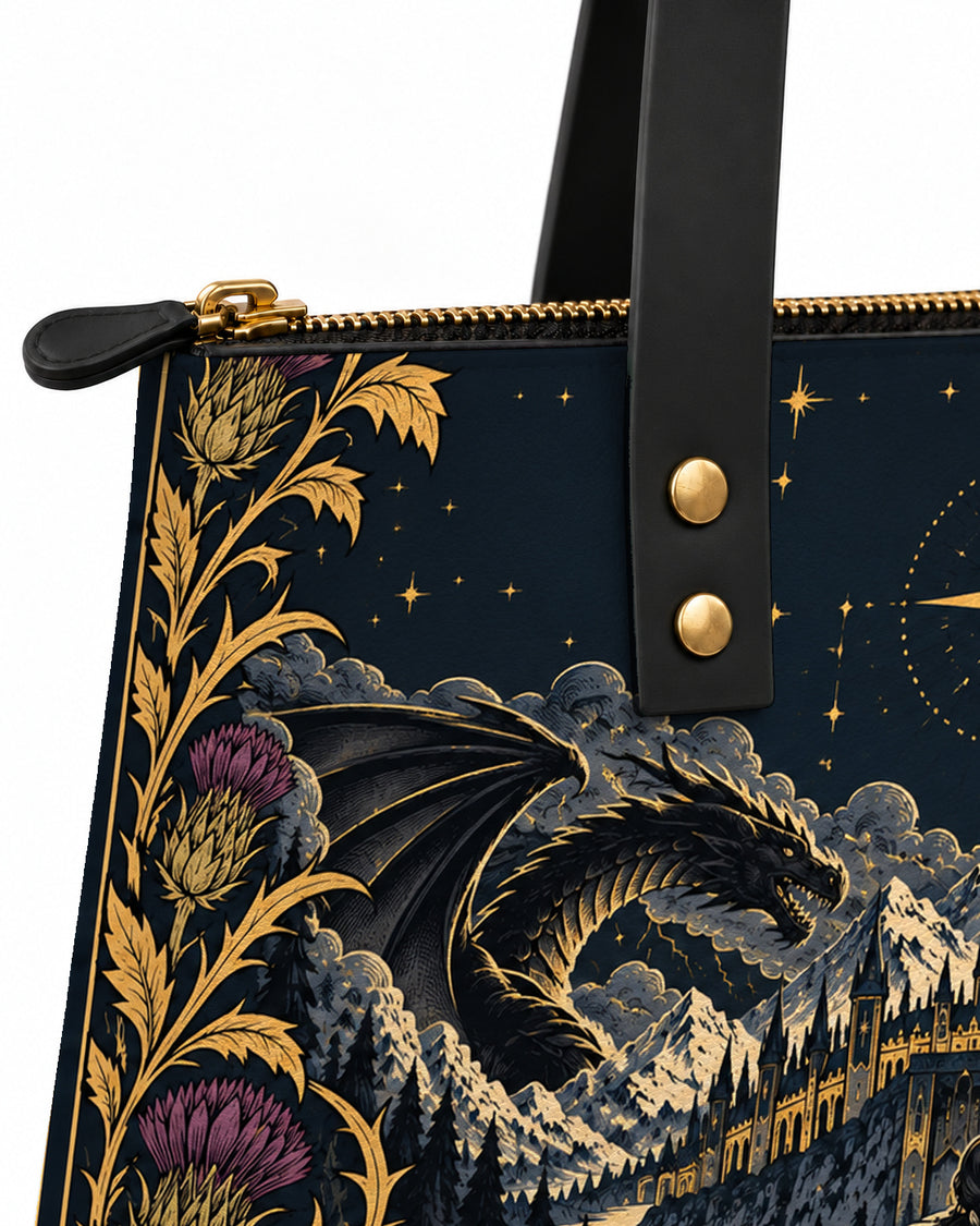 "The Parapet" Starlit Dragons Leather Tote Bag