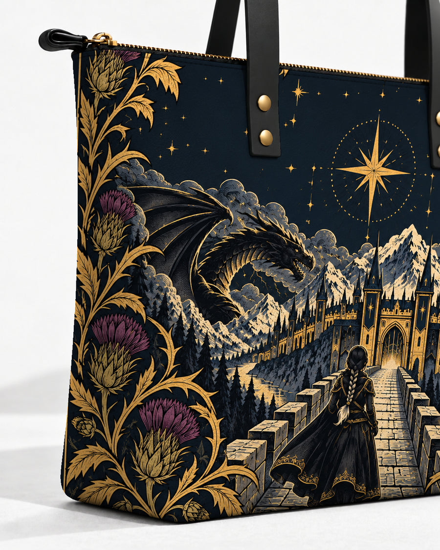 "The Parapet" Starlit Dragons Leather Tote Bag