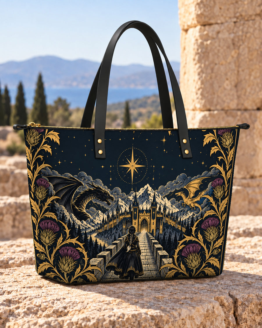 "The Parapet" Starlit Dragons Leather Tote Bag