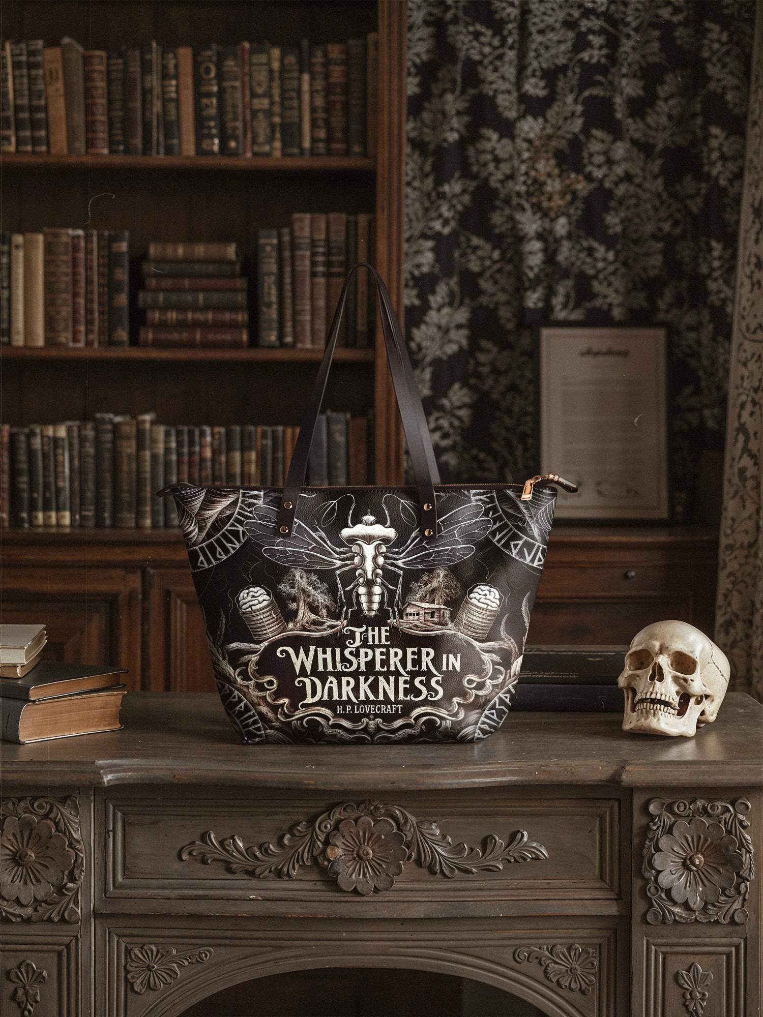 "The Whisperer In Darkness" Leather Tote Bag