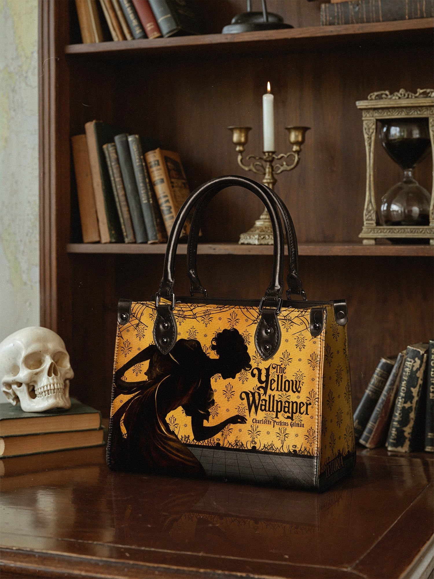 "The Yellow Wallpaper" - Black Interior - Small Leather Handbag